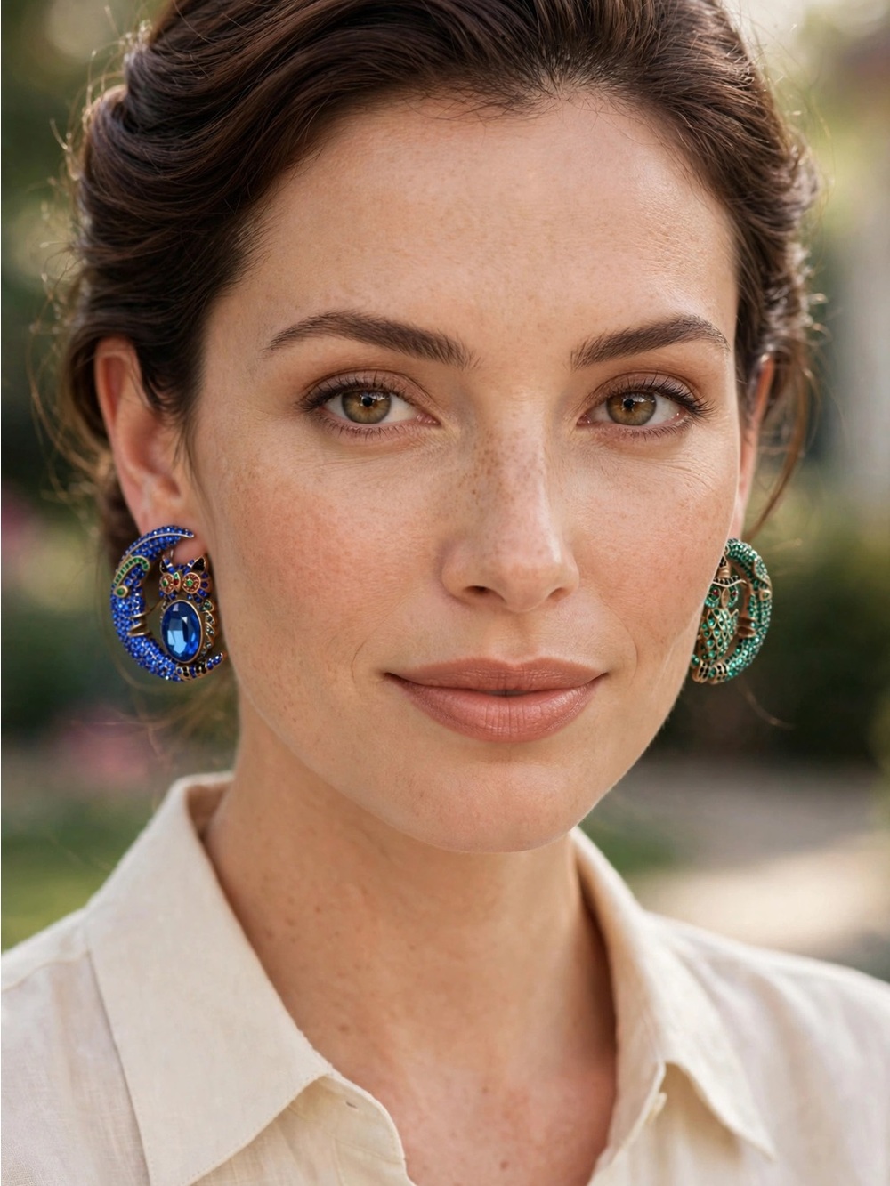 NWT Mismatched Owl Crescent Moon Stud Earrings Blue Green Crystal S925 E115